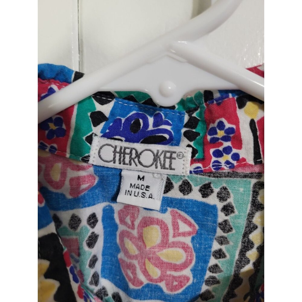 VTG CHEROKEE Women's SZ M Button Up Colorful Abstract Shirt Cotton USA Beach - Picture 4 of 8